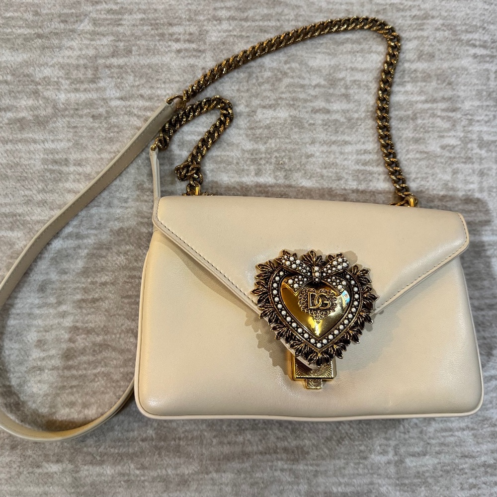 Dolce and Gabbana Devotion Foldover Top Shoulder Bag in cream color